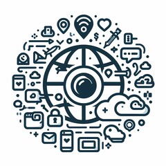 a black and white image of a collage of icons with a video game on it.
