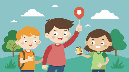 A little boy eagerly points ahead showing his siblings the live map on his GPS as they all follow the trail to their next geocache discovery.. Vector illustration