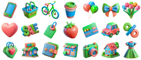 Fototapeta premium Colorful Illustrated Icons for Shopping, Transportation, and Everyday Objects