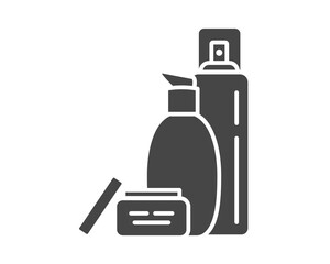 Vector set of beauty, cosmetics and care black icons. Bottle, jar, shower gel, face cream, body lotion, spray, ointment, paste.