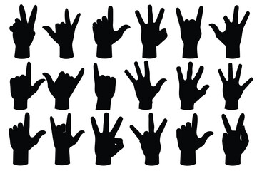 Set of Hand Sign Gesture black Silhouette Design with white Background and Vector Illustration