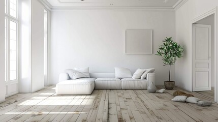 A large white couch sits in a large white room with a large potted plant in the corner