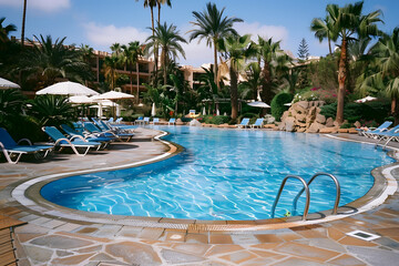 Obraz premium Swimming pool and sun loungers at stylish tropical spa hotel, summertime banner mockup. Summer travel sales and vacation concept.