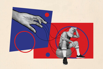 Trend artwork composite sketch photo collage of aged tired man senior sit on ball workout in gym hand hold rope marionette manipulation