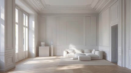 A large, empty room with white walls and a hardwood floor. The room is sparsely furnished with a couch and a chair. The room is very clean and uncluttered, giving it a very modern and minimalist feel