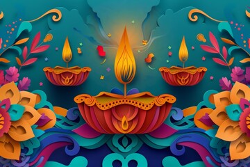 Paper art style of a festive Diwali celebration