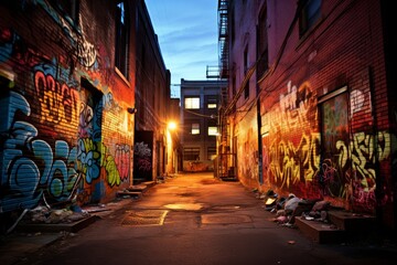The Colorful Symphony of Street Art: An Urban Alleyway Transformed by Graffiti under a Twilight Sky