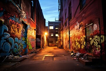 Fototapeta premium The Colorful Symphony of Street Art: An Urban Alleyway Transformed by Graffiti under a Twilight Sky