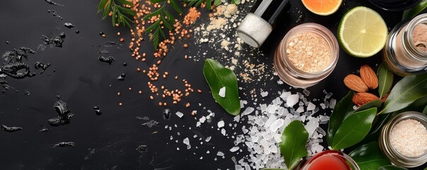 Organic cosmetics on a black background a food explosion emphasize the natural and pure ingredients