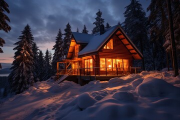 A Rustic Cabin in a Snow-Covered Forest Glowing with Warmth on a Winter's Evening