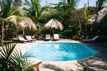 Swimming pool and sun loungers at stylish tropical spa hotel, summertime banner mockup. Summer travel sales and vacation concept.
