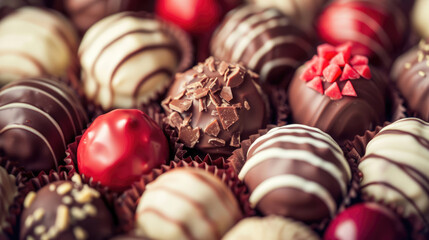 An assortment of fine chocolates in white, dark, and milk chocolate.