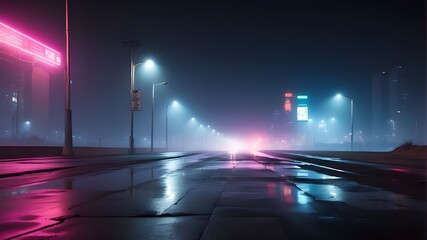 Searchlight, smoke, wet asphalt, and neon lights reflected in it. A smoke- and smog-filled, dark, desolate roadway with abstract light. Nighttime cityscape, deserted roadway, with night skyline in the