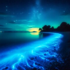 Fototapeta na wymiar Water glows at night illuminating the shoreline