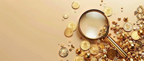 Fototapeta premium Detailed illustration of a magnifying glass hovering over scattered gold coins and jewelry