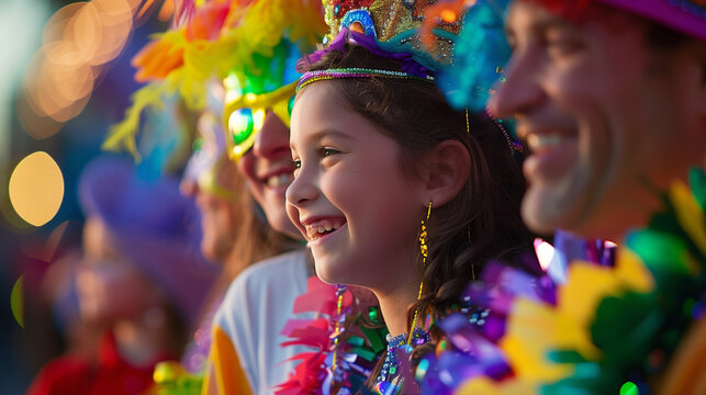 Family fun at mardi gras, carnival, bright happy colourful multiracial celebration, landscape format