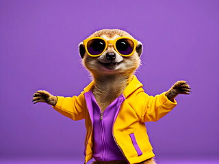 Fototapeta premium funny meerkat dancing with sunglasses with purple background generative AI