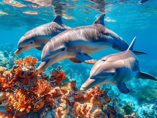 Dolphins are swimming underwater in ocean during summer © studio thibautdmvl