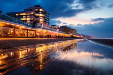 Fototapeta premium A Bustling Seaside Arcade Aglow with Neon Lights as the Sun Sets over the Ocean
