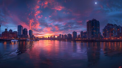 City Skyline at Sunset with Reflections on the River