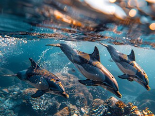 Dolphins are swimming underwater in ocean during summer