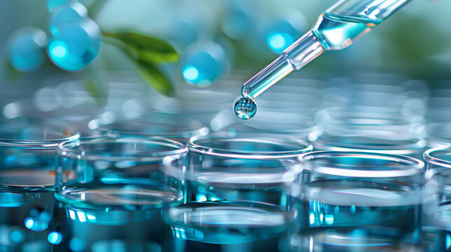 A pipette releases a droplet into a test tube in a scientific research lab, depicting precision and innovation.