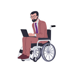 Disabled person works at a laptop sitting in wheelchair, vector cartoon handicapped businessman at workplace, employment