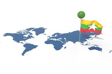 Pianeta Terra 3D con bandiera Myanmar al vento © albasu