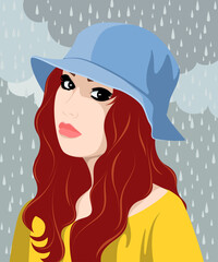 1484_Beautiful young redhead girl against background of a cloudy sky and raindrops