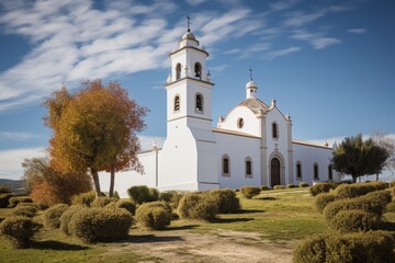 A Quaint White-Washed Church with a Majestic Steeple Surrounded by Lush Greenery
