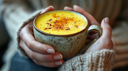 Wellness cafe with hands cradling a golden turmeric latte.