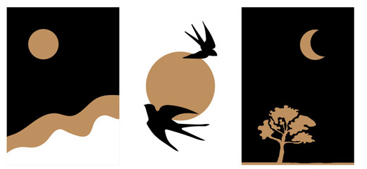  a collection of modern simple abstract posters in boho style with minimalist night and day landscapes on white and black backgrounds © Soap Dish