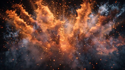 Panoramic 4K image of an intense fireworks show, displaying realistic depth and clarity against a stark black backdrop