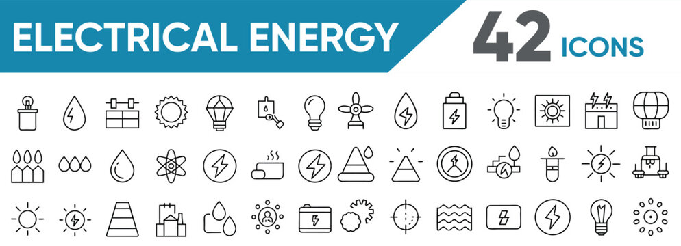 Set of 42 line icons related to energy, electrical energy, electricity. Outline icon collection. Vector illustration. Editable stroke