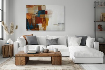 Modern interior design of a living room with a wooden coffee table and an abstract painting on the wall