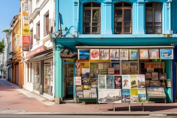 Travel agency storefront adorned with colorful posters of foreign locations