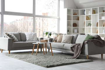Cozy sofas with plaid, cushions and coffee table with books in living room