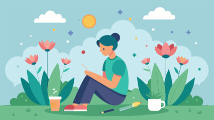 A handdrawn illustration of a person sitting in a field surrounded by flowers with the prompt Imagine your ideal life and write about it in detail..