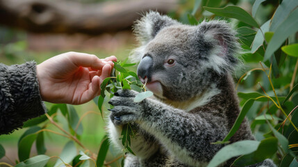 Eucalyptus grove with hands feeding eucalyptus leaves to a koala