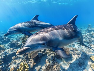 Fototapeta premium Dolphins swimming underwater in ocean during summer in a beautiful submarine landscape view