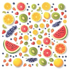 Colorful fruit pattern including slices of watermelon, kiwi, and citrus, vibrant and fresh for kitchen decor.