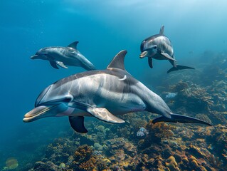 Fototapeta premium Dolphins swimming underwater in ocean during summer in a beautiful submarine landscape view