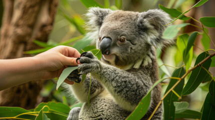 Fototapeta premium Eucalyptus grove with hands feeding eucalyptus leaves to a koala