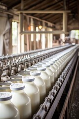 Modern automated dairy production line showing bottles of milk being filled and sealed, focus on green capped bottles, vertical format

Concept: industry, technology, production, dairy, automation