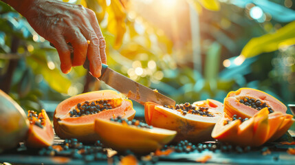 Tropical garden with hands cutting a ripe papaya for a refreshing snack