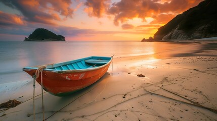 A tranquil seascape at sunset featuring a single colorful boat on a sandy beach with gentle waves and a picturesque island in the background