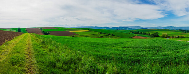 Beskid Żywiecki, widok z Pogórza Wilamowickiego. Panorama wiosną z pięknymi zielonymi łąkami i polami.