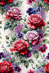 A painting of a floral pattern with roses, violets, and small flowers - Generative AI
