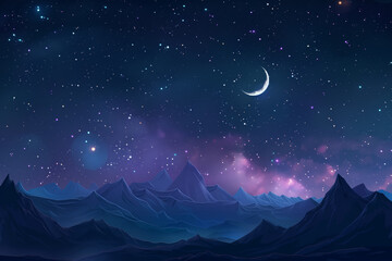 Fototapeta premium Starry sky, with mountaines view and moon 