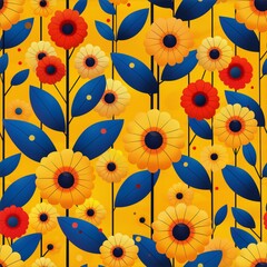 A seamless pattern features bright flowers and leaves against a yellow backdrop, epitomizing the concept of a seamless and nature-inspired pattern